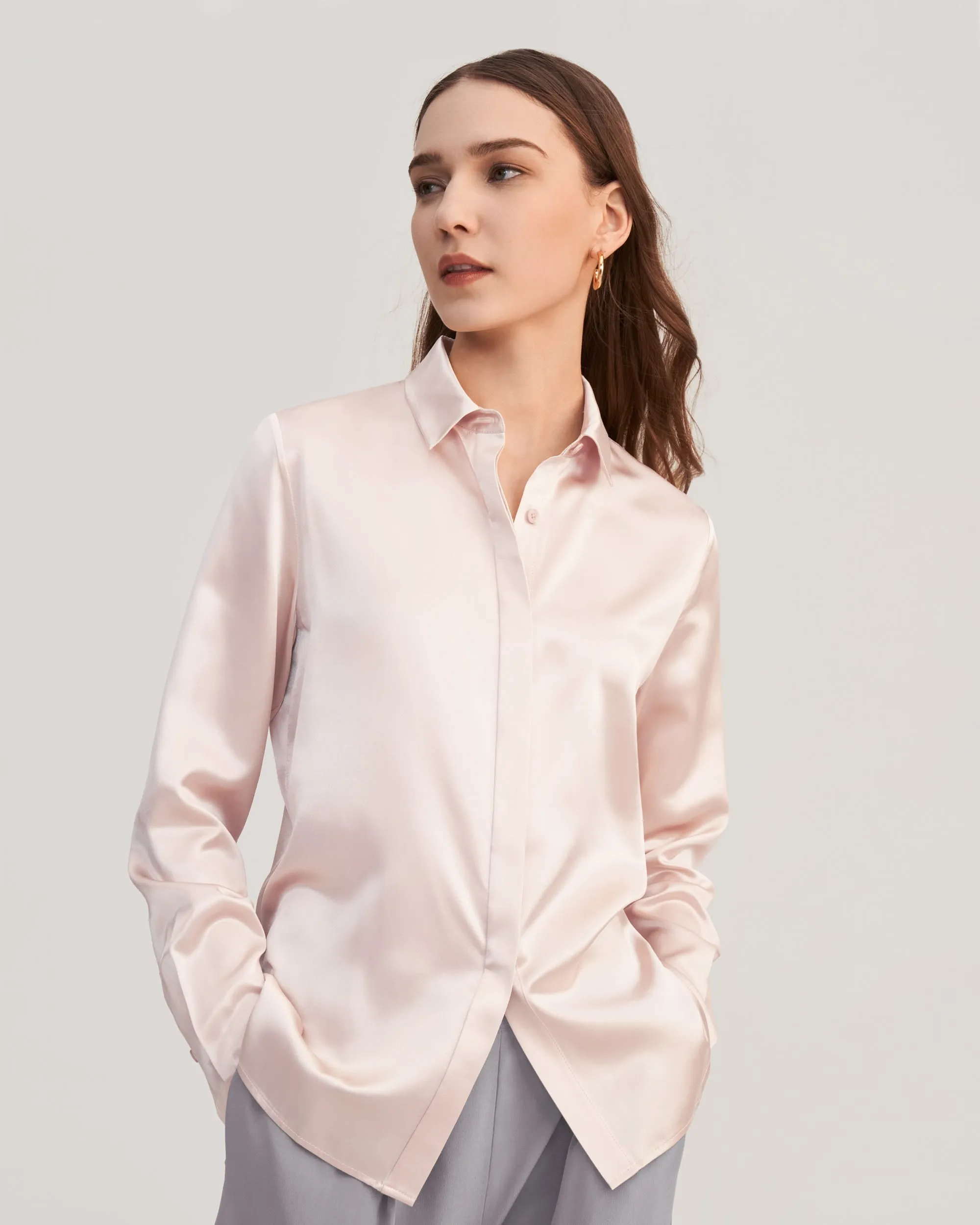 Basic Concealed Placket Silk Shirts