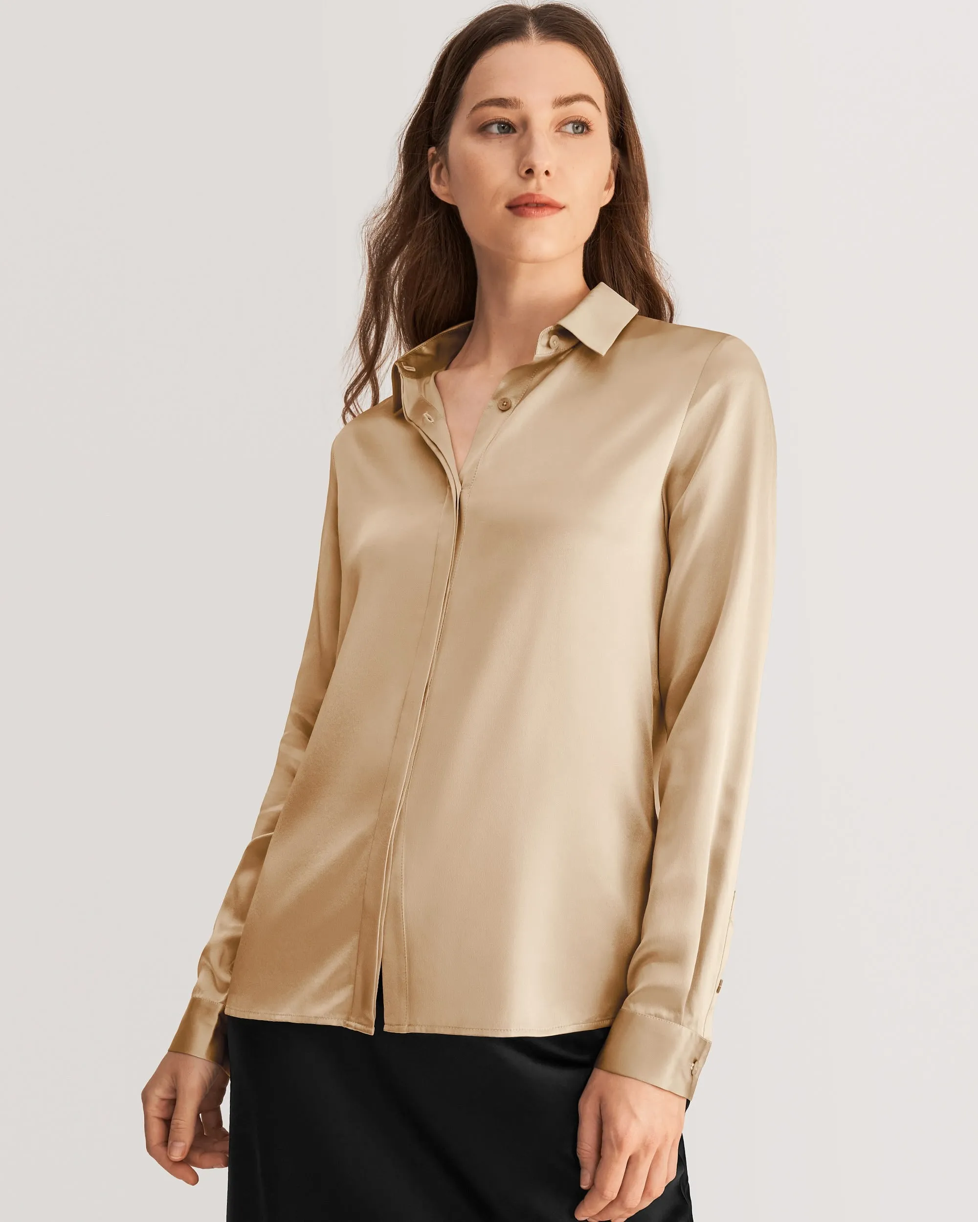 Basic Concealed Placket Silk Shirts