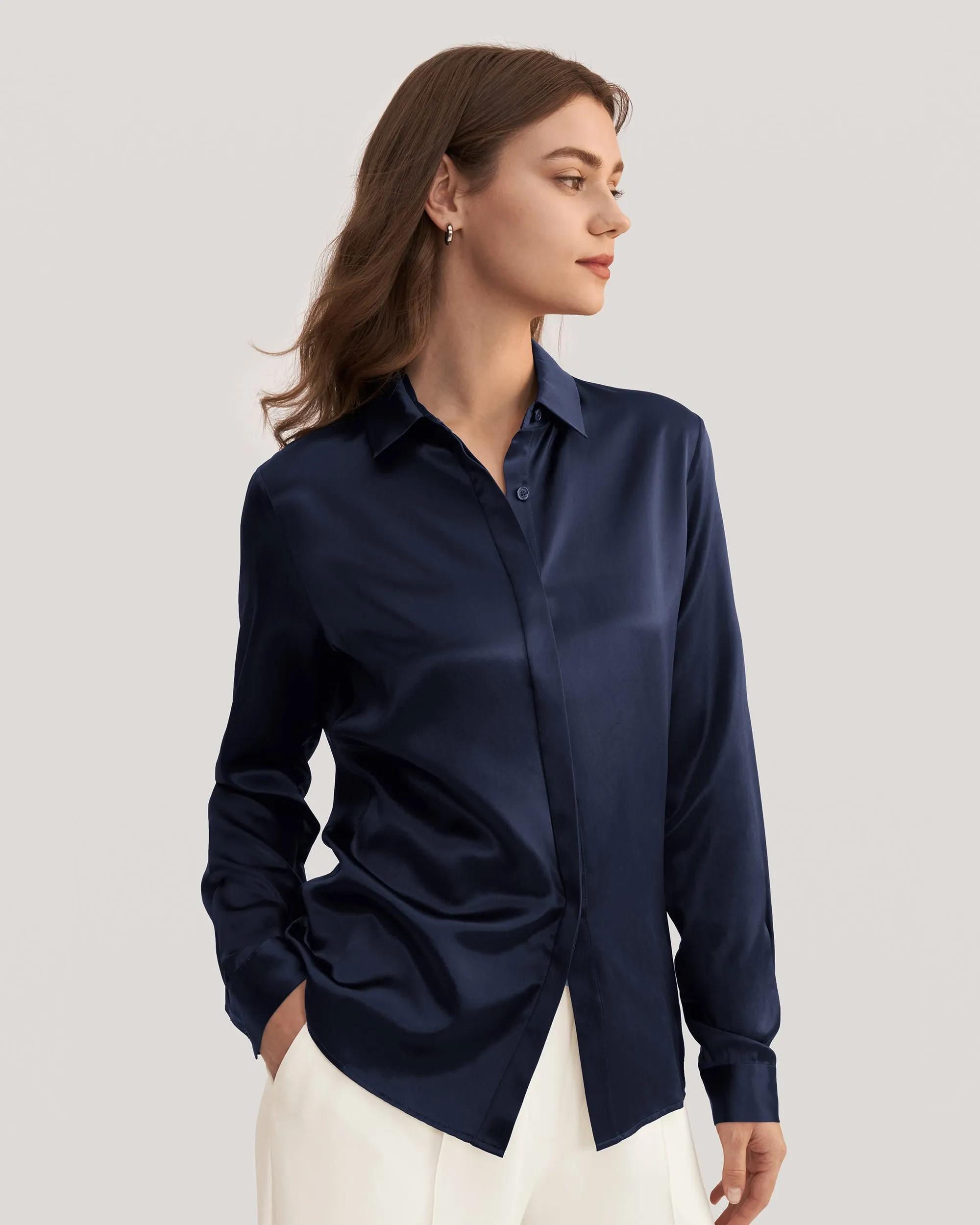 Basic Concealed Placket Silk Shirts