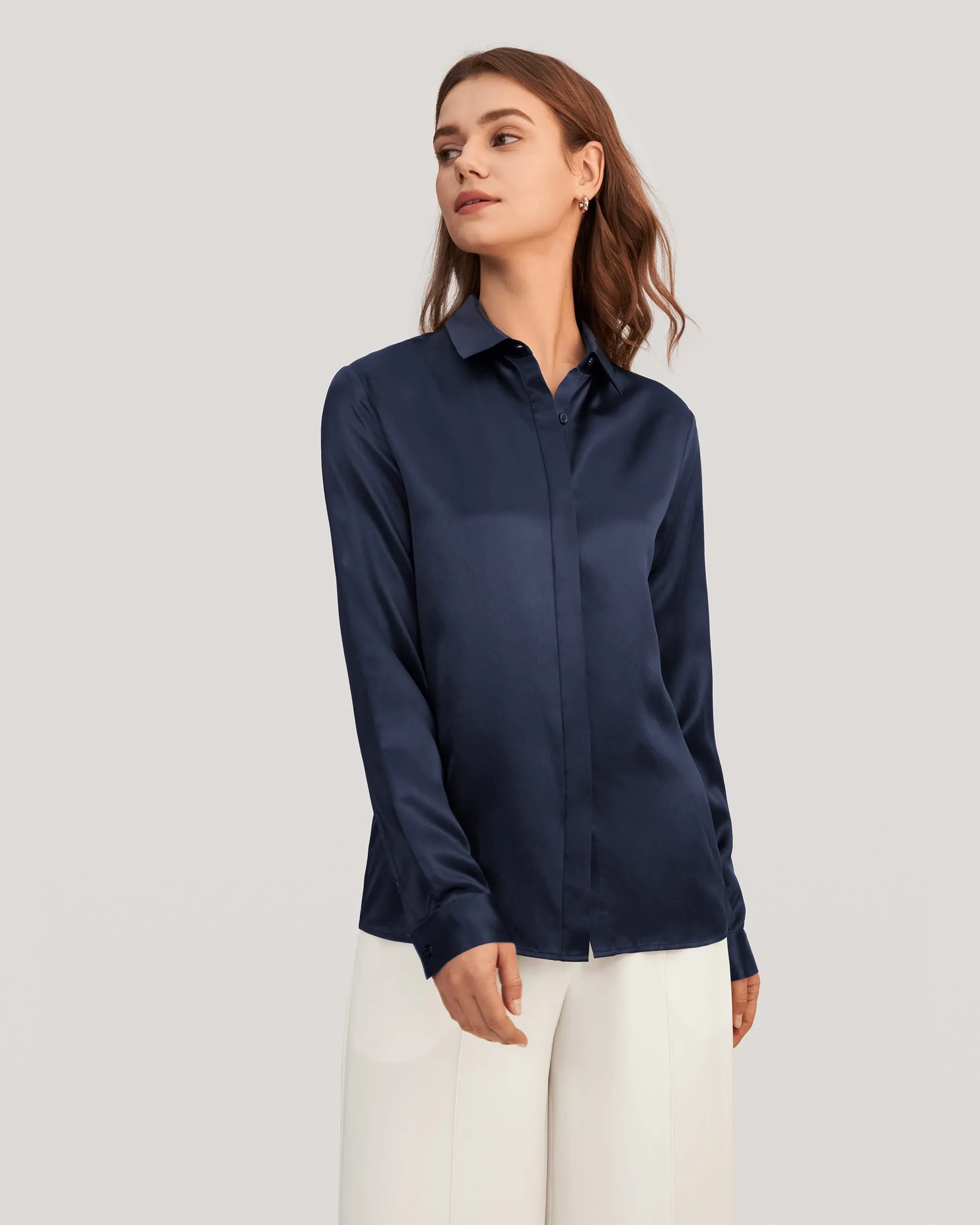 Basic Concealed Placket Silk Shirts