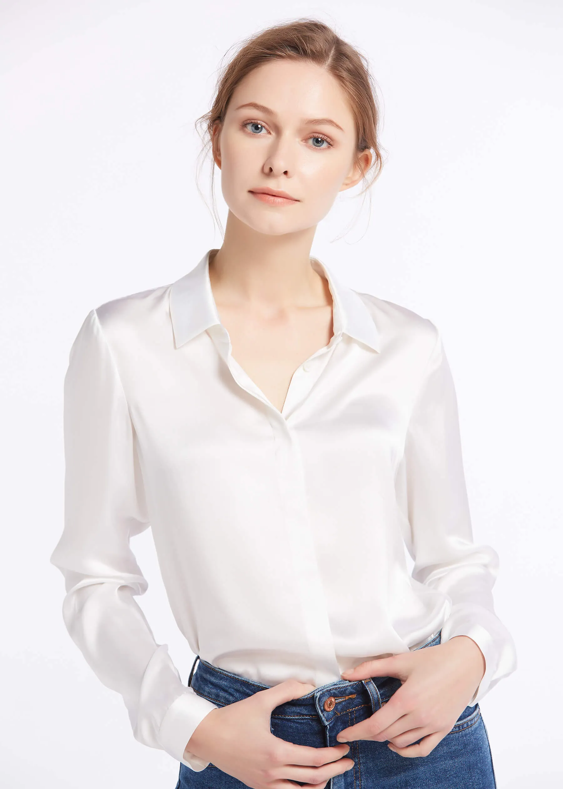 Basic Concealed Placket Silk Shirts