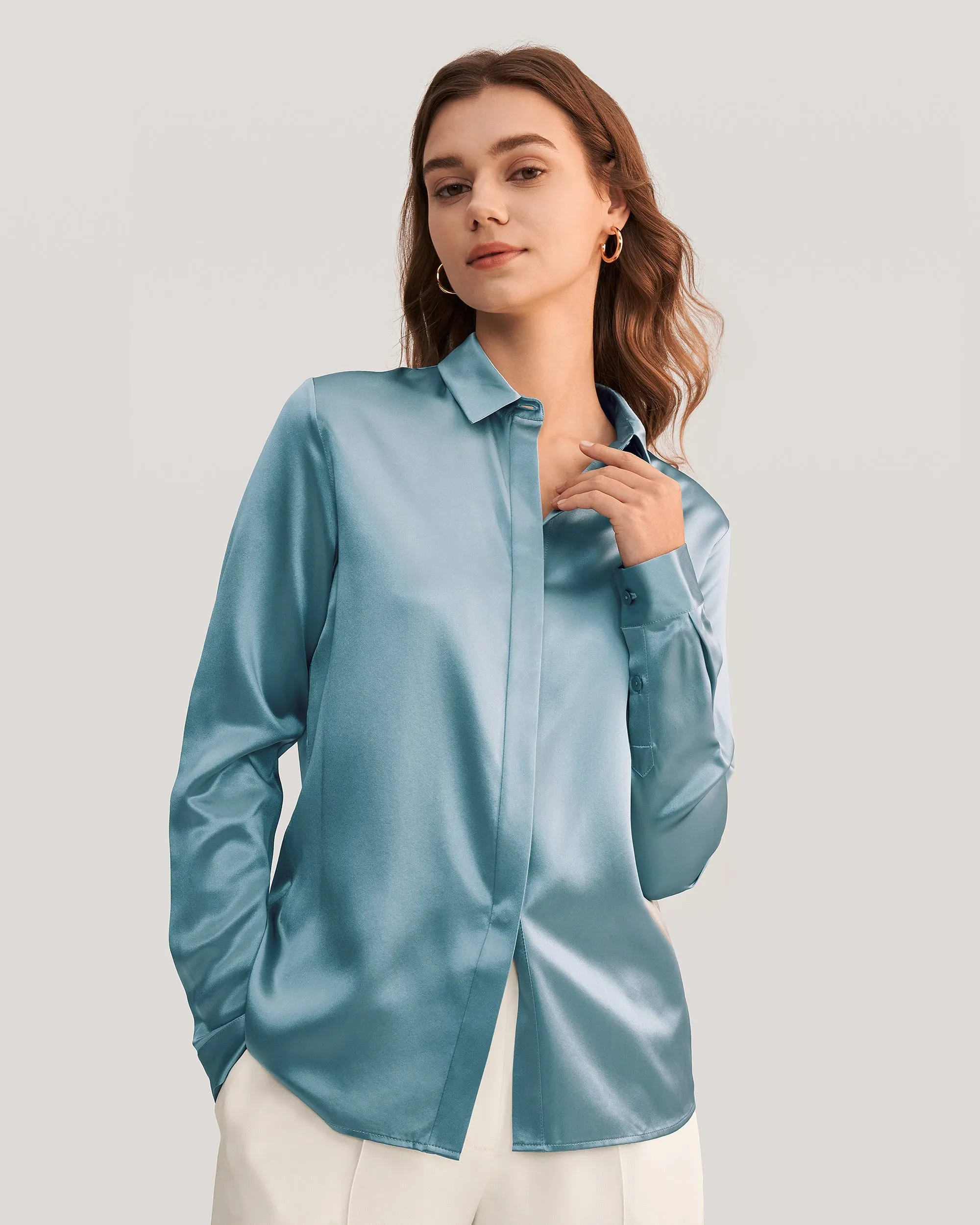 Basic Concealed Placket Silk Shirts